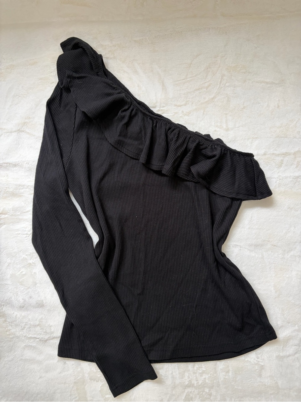 J. Crew Black One-Shoulder Ruffle Ribbed Long Sleeve Top